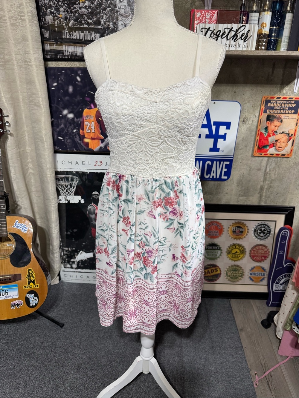 Lily Rose White Lace Bodice Floral A-Line Dress with Pink Border